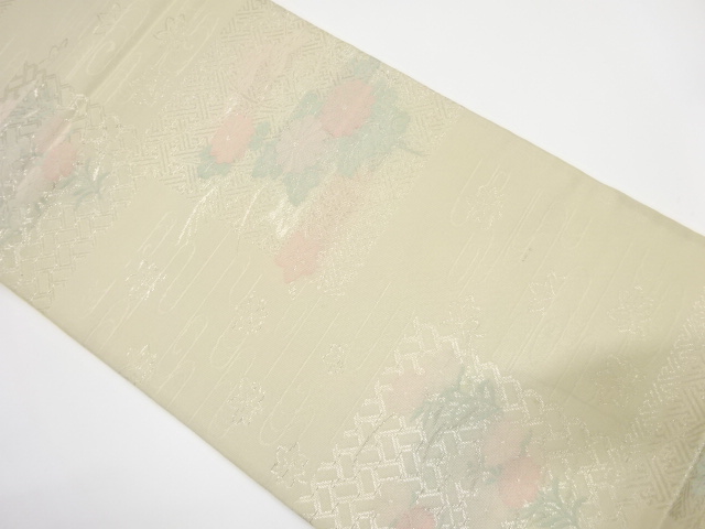 アンティーク　紗　色紙に菊・撫子模様織り出し袋帯（材料）